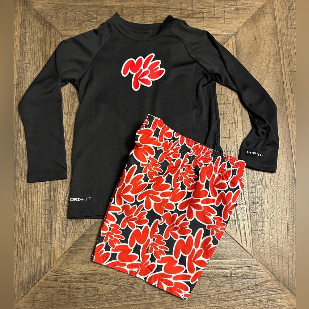 Nike Boys Rashguard/Swim Trunk Set Black/Red Size 5 NWT